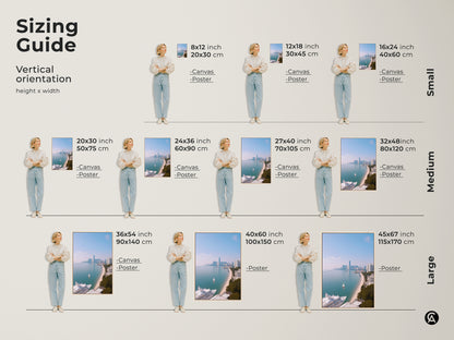 Visualize sizing with this coastal cityscape artwork guide. See how canvas and poster prints fit various wall sizes. Artwork features a yacht and sailboat on an aqua ocean. Options range from small to large. Transform your space with modern travel-inspired wall decor. Perfect for any travel enthusiast's home.