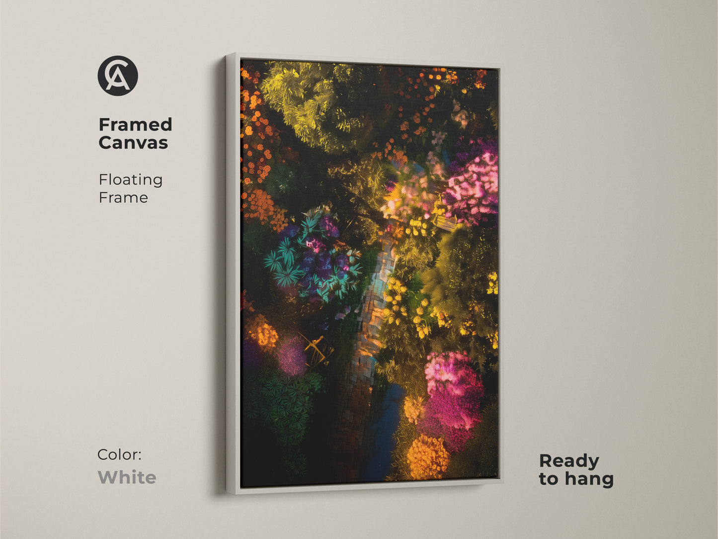 Framed canvas art featuring an aerial garden scene. The white floating frame highlights this colorful botanical artwork. This ready-to-hang print adds a fresh touch. Shop now for framed garden art to brighten your living space.