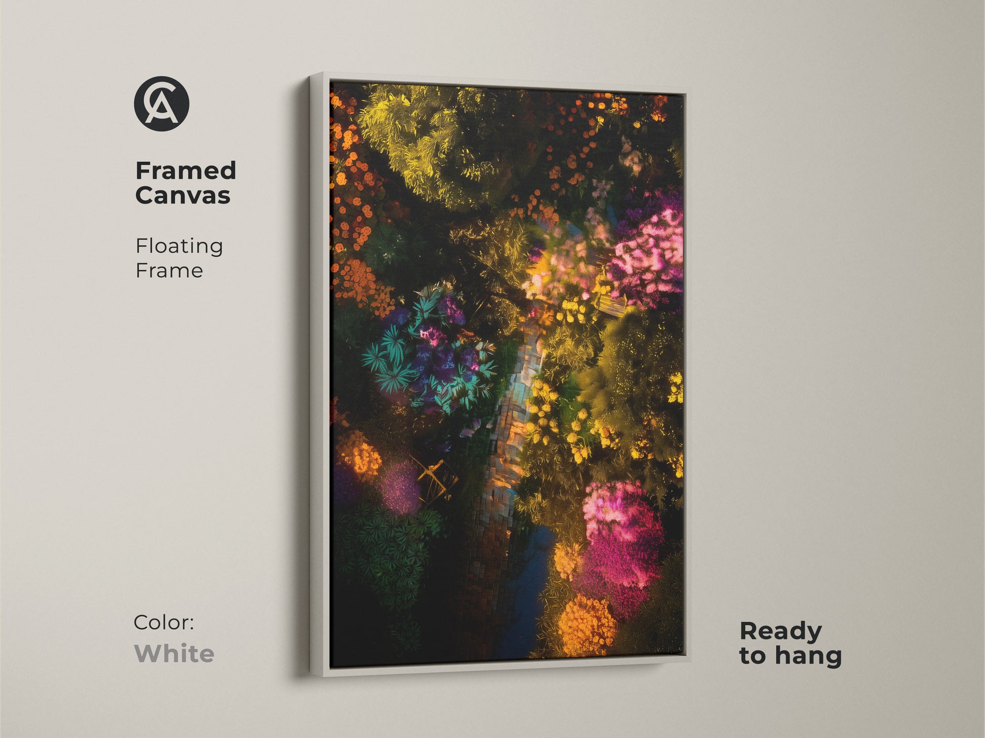 Framed canvas art featuring an aerial garden scene. The white floating frame highlights this colorful botanical artwork. This ready-to-hang print adds a fresh touch. Shop now for framed garden art to brighten your living space.