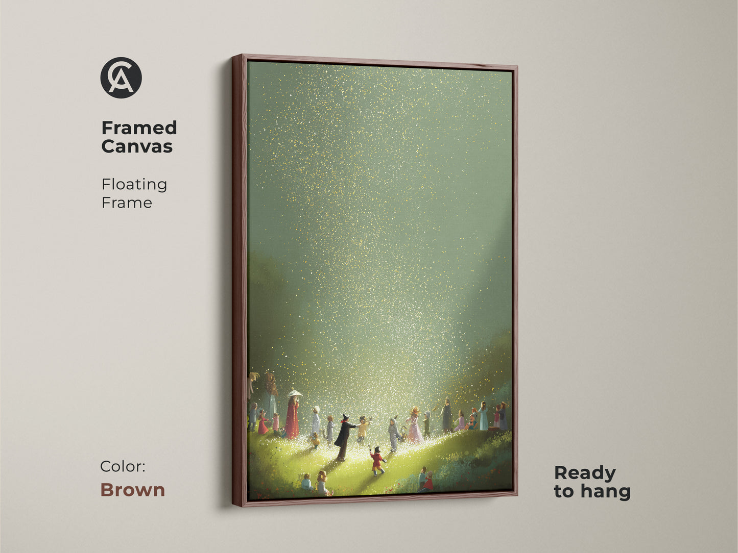 Brown framed canvas featuring children in a fantasy-inspired scene with magical gold and green light. This whimsical artwork is ready to hang adding an eclectic touch to any room. Ideal for nursery or kids' bedroom decor it brings a sense of wonder and delight to your residential wall art.