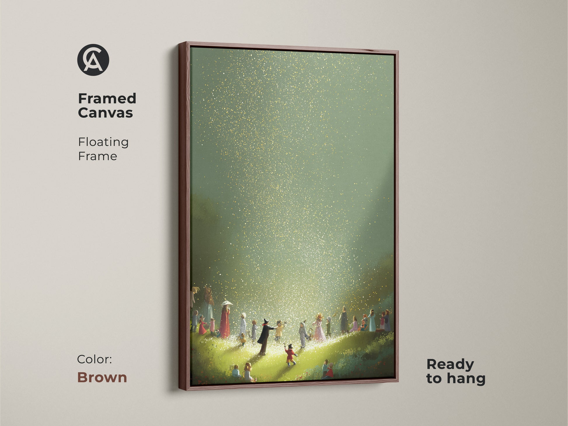 Brown framed canvas featuring children in a fantasy-inspired scene with magical gold and green light. This whimsical artwork is ready to hang adding an eclectic touch to any room. Ideal for nursery or kids' bedroom decor it brings a sense of wonder and delight to your residential wall art.