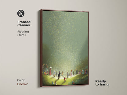 Brown framed canvas featuring children in a fantasy-inspired scene with magical gold and green light. This whimsical artwork is ready to hang adding an eclectic touch to any room. Ideal for nursery or kids' bedroom decor it brings a sense of wonder and delight to your residential wall art.