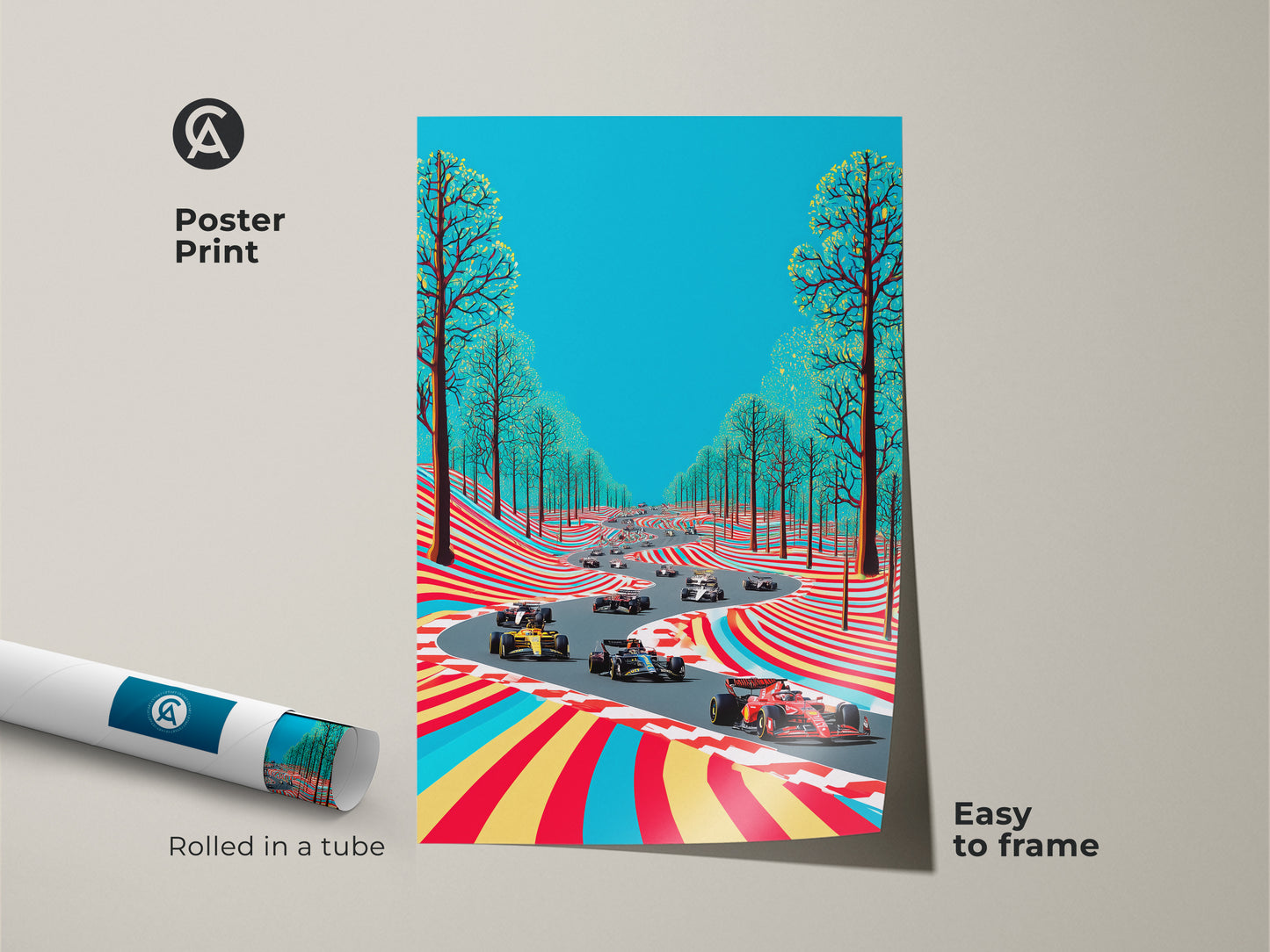 A poster print displays a dynamic Formula 1 racing scene. The abstract style art includes vibrant colors and a thrilling race track. It's an easy-to-frame piece rolled in a protective tube. Ideal as modern wall art for any F1 enthusiast. Add a splash of speed and color to your decor today.