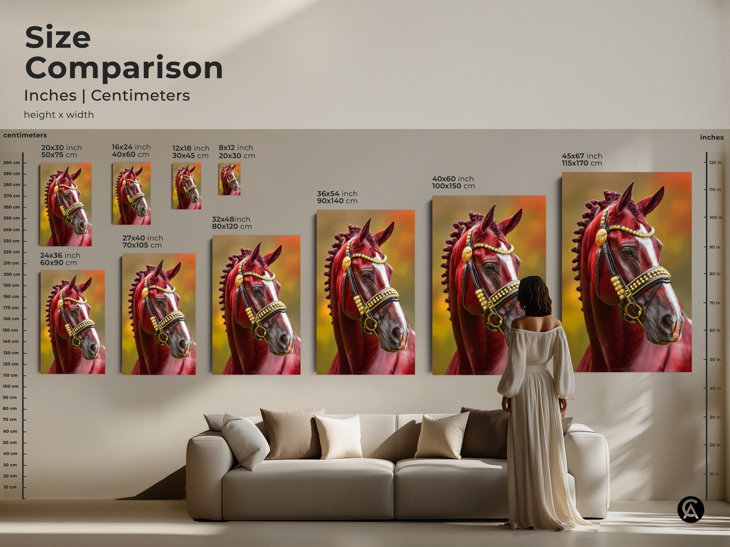 Size comparison of equestrian horse portrait canvas and poster prints displayed in inches and centimeters. A woman stands next to the artwork which features a traditional maroon and gold bridle showing the scale.