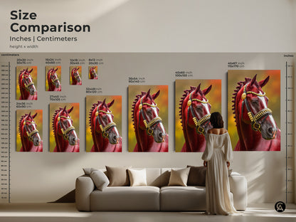 Size comparison of equestrian horse portrait canvas and poster prints displayed in inches and centimeters. A woman stands next to the artwork which features a traditional maroon and gold bridle showing the scale.