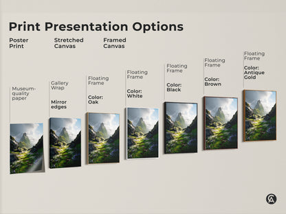 Print presentation options for Green Floral Meadow art. The poster print has museum quality paper. The stretched canvas has mirror edges. The framed canvas has multiple color options.