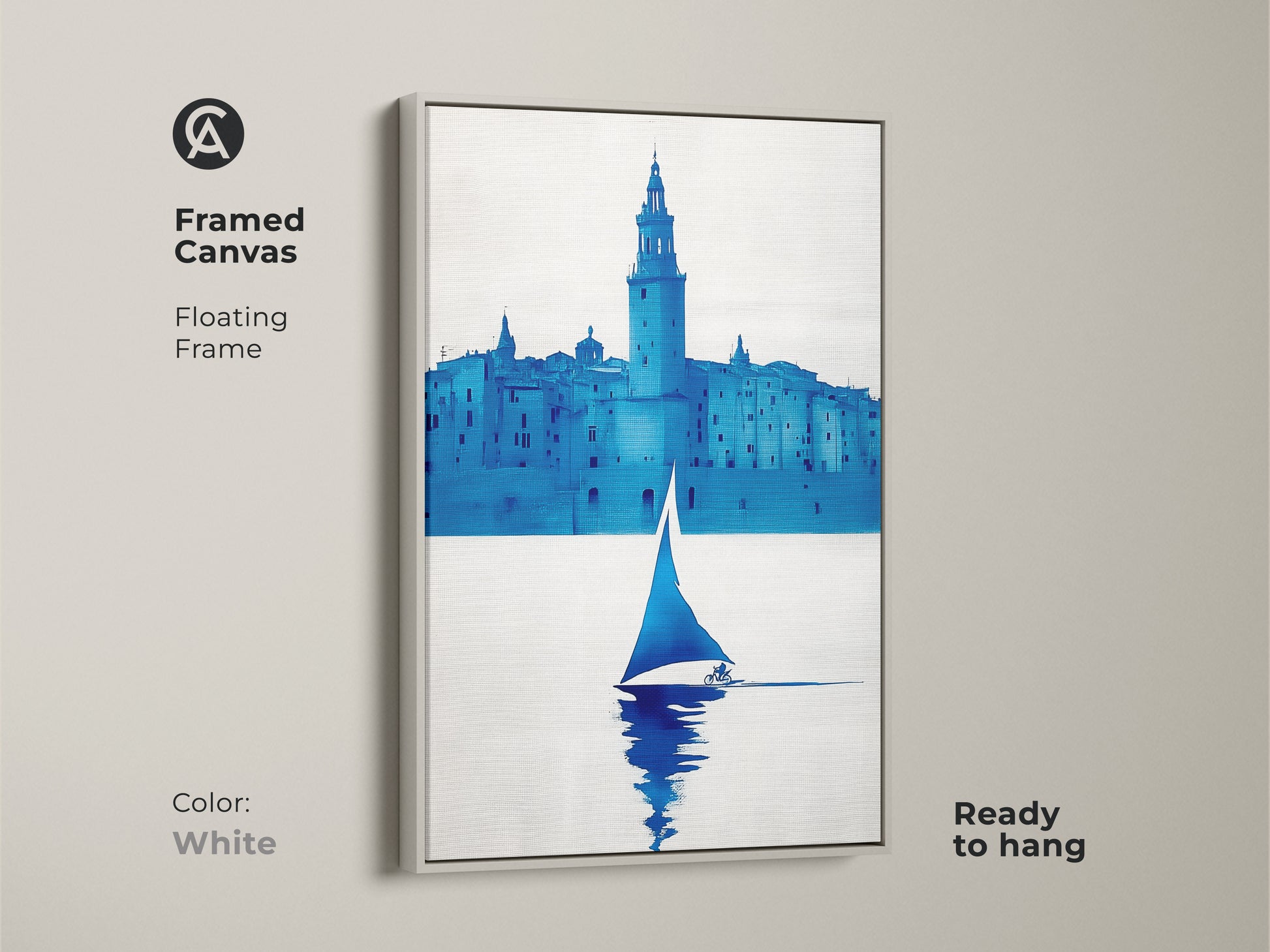 A framed minimalist sailboat canvas with a white floating frame. It adds a fresh modern touch. Ideal for minimalist coastal painting and abstract cityscape canvas. It is ready to hang.