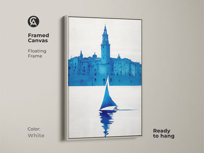 A framed minimalist sailboat canvas with a white floating frame. It adds a fresh modern touch. Ideal for minimalist coastal painting and abstract cityscape canvas. It is ready to hang.