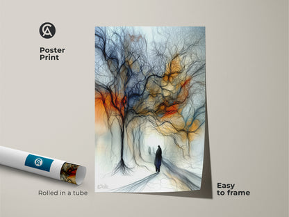 Poster print featuring expressive tree artwork. The print shows an abstract figurative figure. It's an orange and blue eclectic style. The poster is easy to frame and perfect for art enthusiasts.