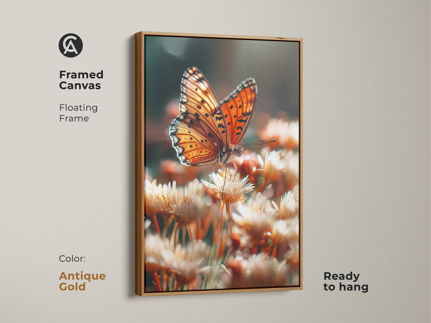 Framed canvas of a realistic orange butterfly. The antique gold floating frame adds a touch of vintage charm. Ready to hang this macro flower art print is perfect for a nature-inspired space. A unique gift for entomologists.
