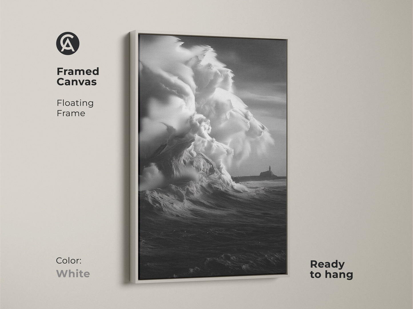 White Framed Canvas displaying monochrome ocean wave art. This coastal lighthouse canvas print captures a black and white seascape. Ready to hang this beach theme wall art will enhance nautical decor. Stormy sea canvas art to bring ocean view artwork to your home.