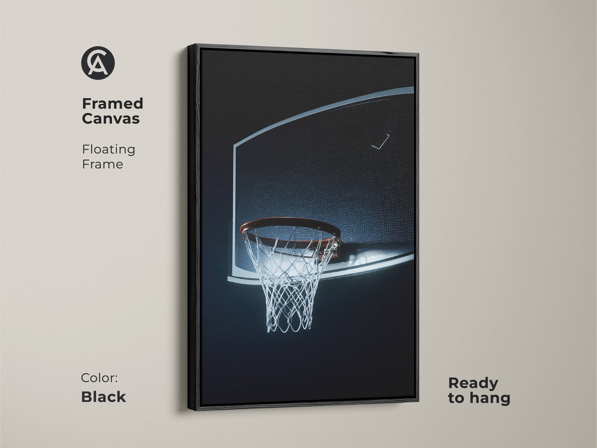 Framed canvas featuring a basketball hoop. The floating frame is black. Ready to hang. Minimalist sports art with a black blue net. Ideal wall art for a man cave or office. A perfect gift for basketball enthusiasts.