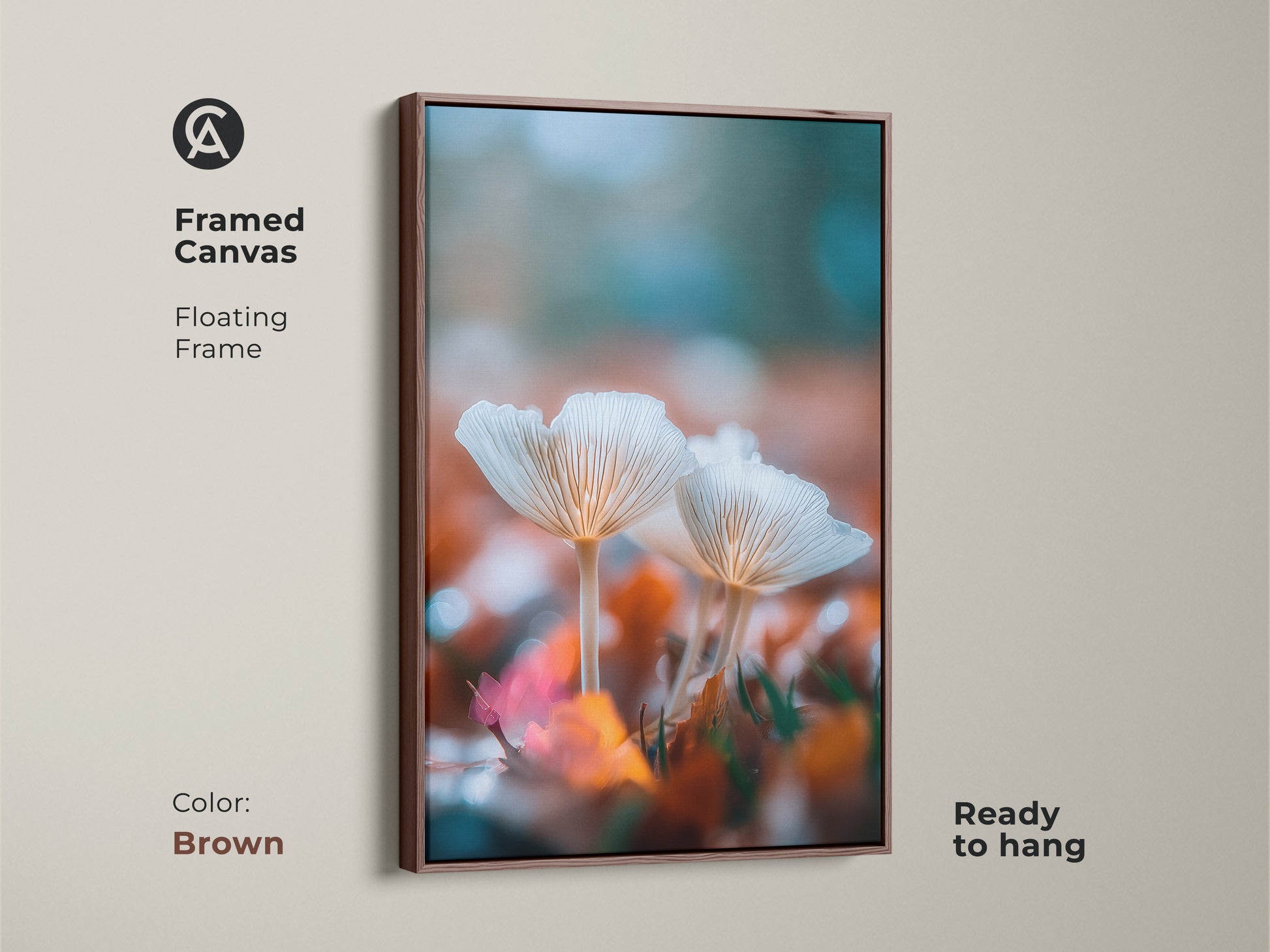 Framed canvas art with a brown floating frame. The artwork showcases white mushrooms. The nature-themed print is perfect for home decor. This ready-to-hang piece brings organic beauty to your walls. It is visually appealing.