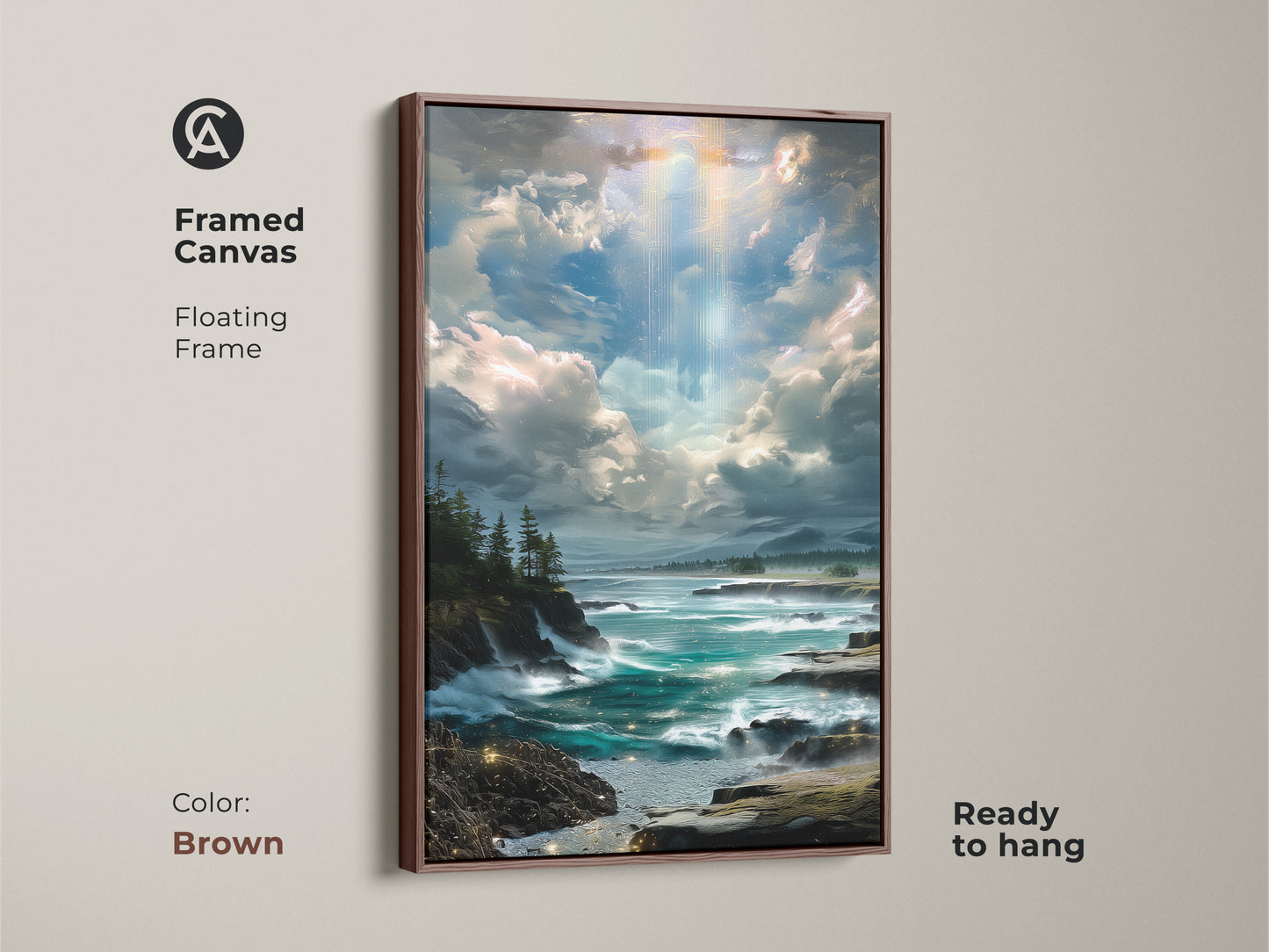 A framed canvas in a brown frame featuring a rocky coastline artwork. It captures the beauty of the ocean with blue teal seas and cloudy sky. Perfect coastal home decor.