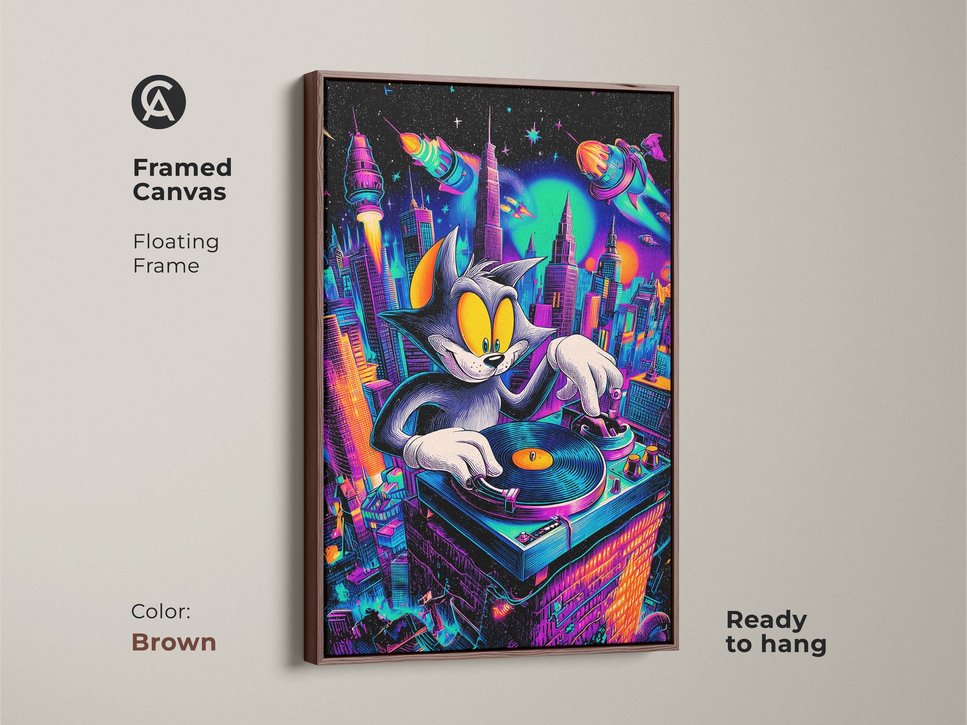 Framed canvas of Tom and Jerry DJ artwork with a brown floating frame. Ready to hang. This artwork features a cartoon cat mixing music in a colorful cityscape. A stylish and fun piece for home decor. Ideal for art lovers.