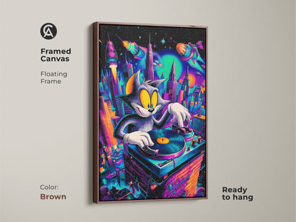 Framed canvas of Tom and Jerry DJ artwork with a brown floating frame. Ready to hang. This artwork features a cartoon cat mixing music in a colorful cityscape. A stylish and fun piece for home decor. Ideal for art lovers.