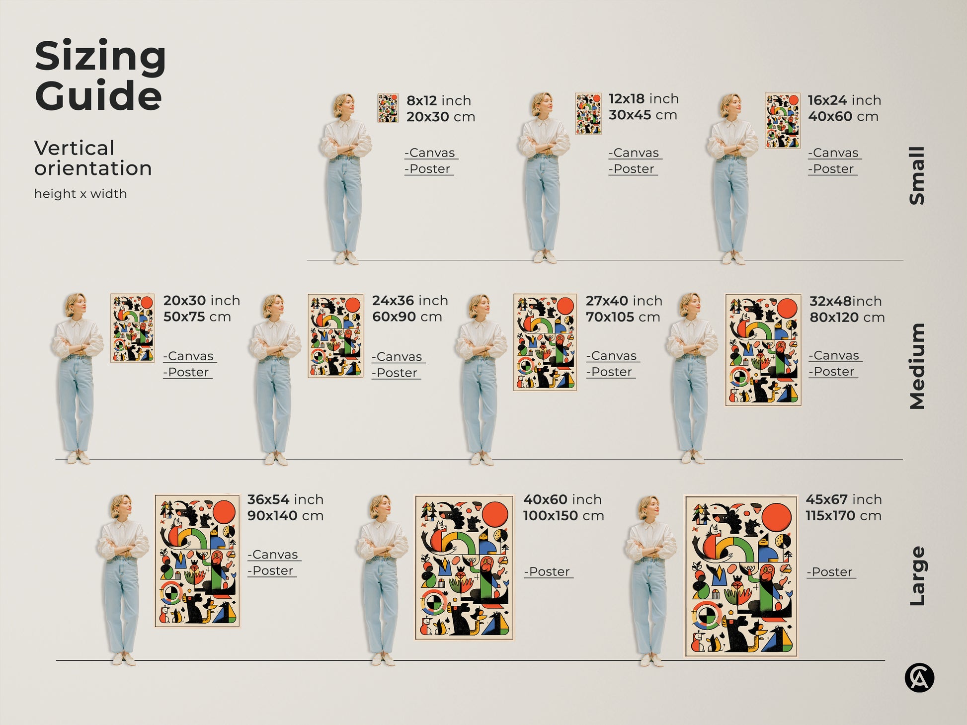 Sizing guide for Mid-Century Modern art prints. Vertical orientation options include canvas and poster. Abstract geometric Bauhaus style art. Sizes range from small to large for any space.