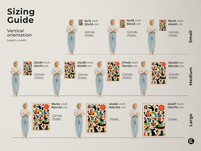 Sizing guide for Mid-Century Modern art prints. Vertical orientation options include canvas and poster. Abstract geometric Bauhaus style art. Sizes range from small to large for any space.