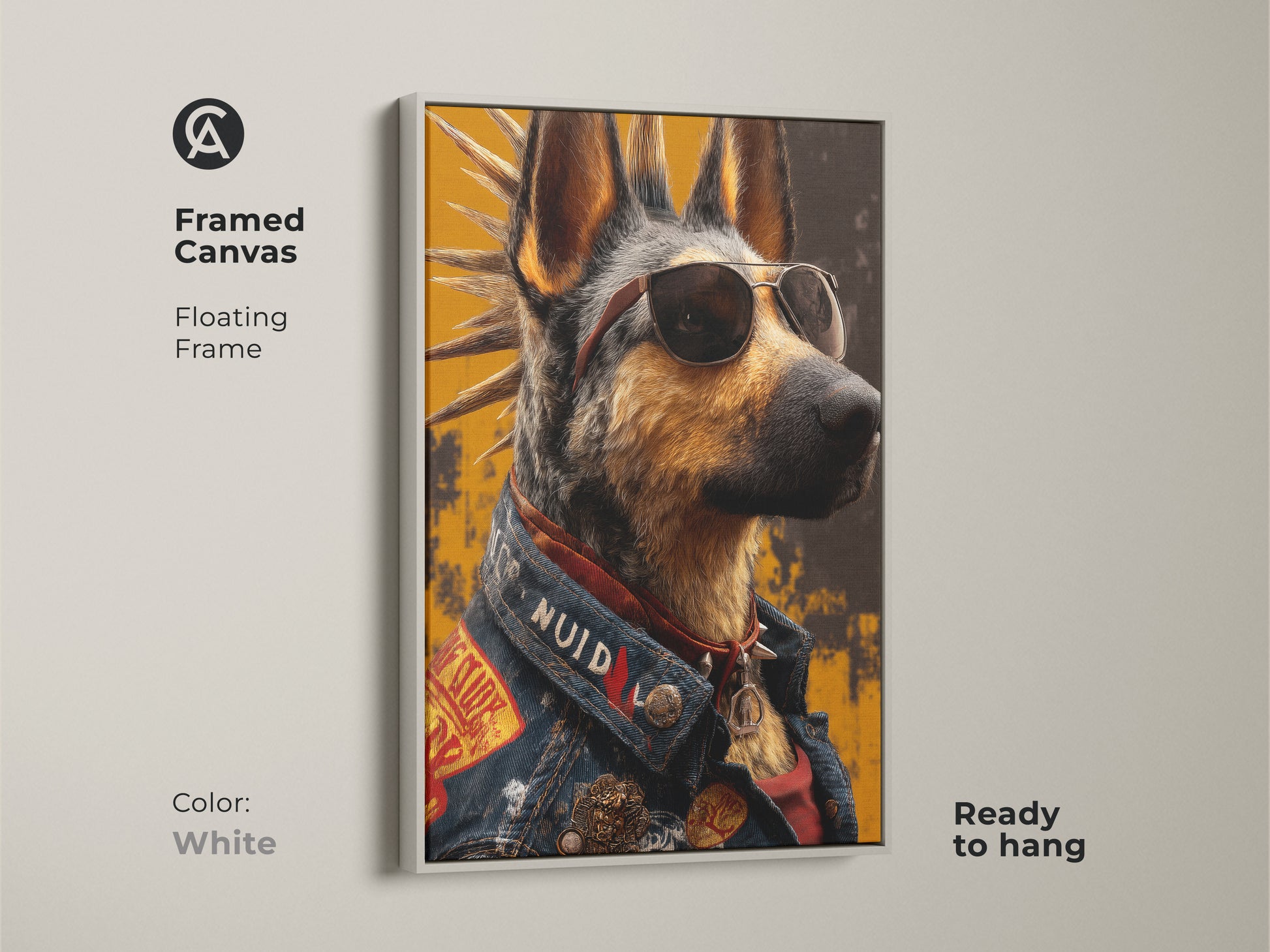 Various print options featuring a punk rock German Shepherd artwork. This cool dog sports aviator sunglasses and a denim jacket. Choose from poster prints or stretched canvas. Select framed or unframed pieces.