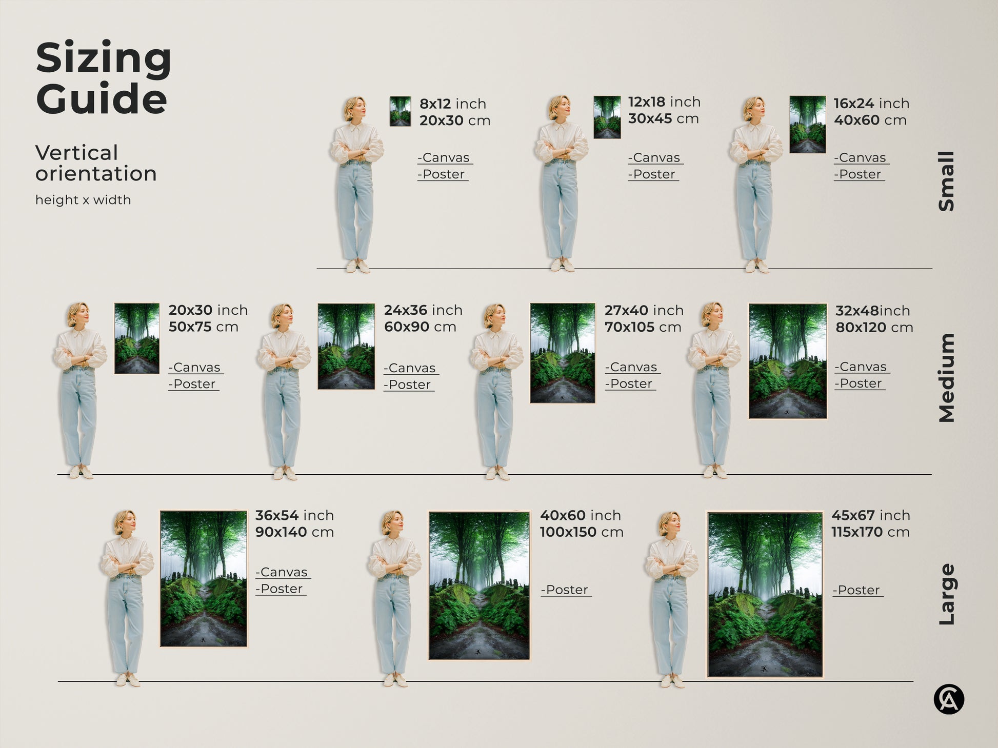 Sizing guide for vertical misty forest path canvas and poster prints. From small 8x12 to large 45x67 inch sizes. Find the perfect fit for your space. This emerald green tree-lined road artwork brings Scandinavian woodland beauty to any room.