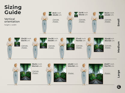 Sizing guide for vertical misty forest path canvas and poster prints. From small 8x12 to large 45x67 inch sizes. Find the perfect fit for your space. This emerald green tree-lined road artwork brings Scandinavian woodland beauty to any room.