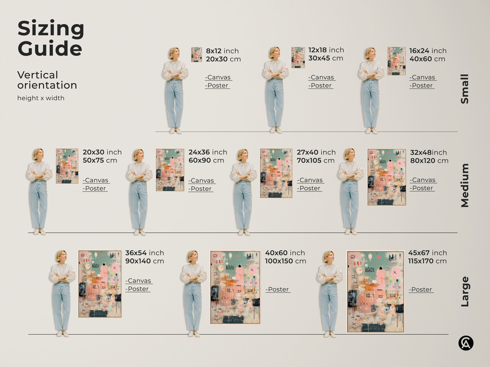 Sizing guide for vertical abstract crown artwork. Visualize different sizes from small to large. Options include canvas and poster prints. Find the perfect fit for your space with our easy-to-use guide.