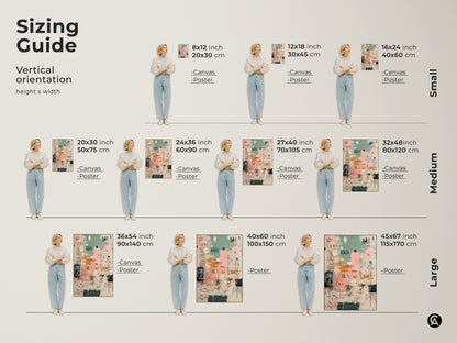 Sizing guide for vertical abstract crown artwork. Visualize different sizes from small to large. Options include canvas and poster prints. Find the perfect fit for your space with our easy-to-use guide.