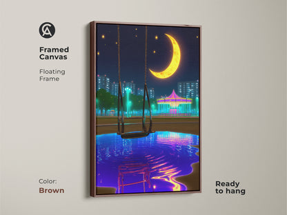 Framed canvas art with a brown floating frame showcasing a surreal nightscape. This ready-to-hang artwork displays a crescent moon carousel in a vaporwave style. Ideal for eclectic bedroom decor the blue yellow and purple hues add a dreamy modern touch perfect for anime fans.