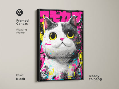 A framed canvas artwork presents a cute cat with yellow eyes and cyberpunk-inspired details. The floating frame adds elegance and depth. It's ready to hang and brings a touch of modern art to any space with its black frame.