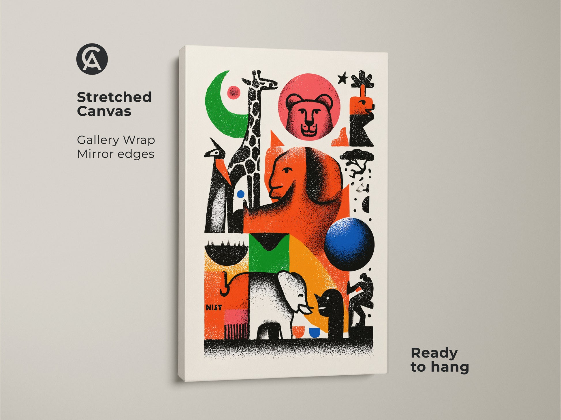 Stretched canvas of mid-century modern wall art. This retro animal print features a giraffe and elephant. The eclectic home decor canvas is a vibrant piece. It is an abstract geometric wall art. The orange green art print is ready to hang adding a retro yet contemporary feel to your home.