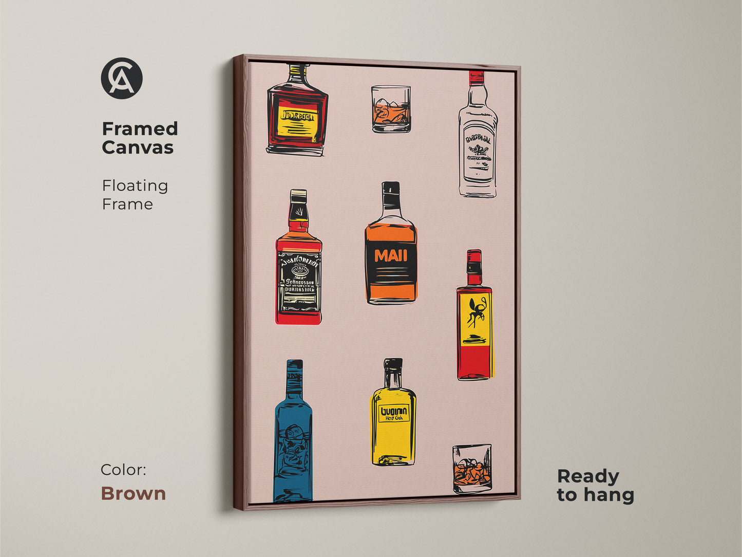 A framed canvas with a floating frame shows retro bar wall art. The brown frame holds whiskey bottle art. The cocktail glass poster is ready to hang. Great man cave wall art.