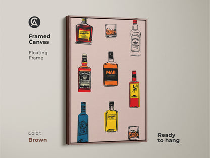 A framed canvas with a floating frame shows retro bar wall art. The brown frame holds whiskey bottle art. The cocktail glass poster is ready to hang. Great man cave wall art.