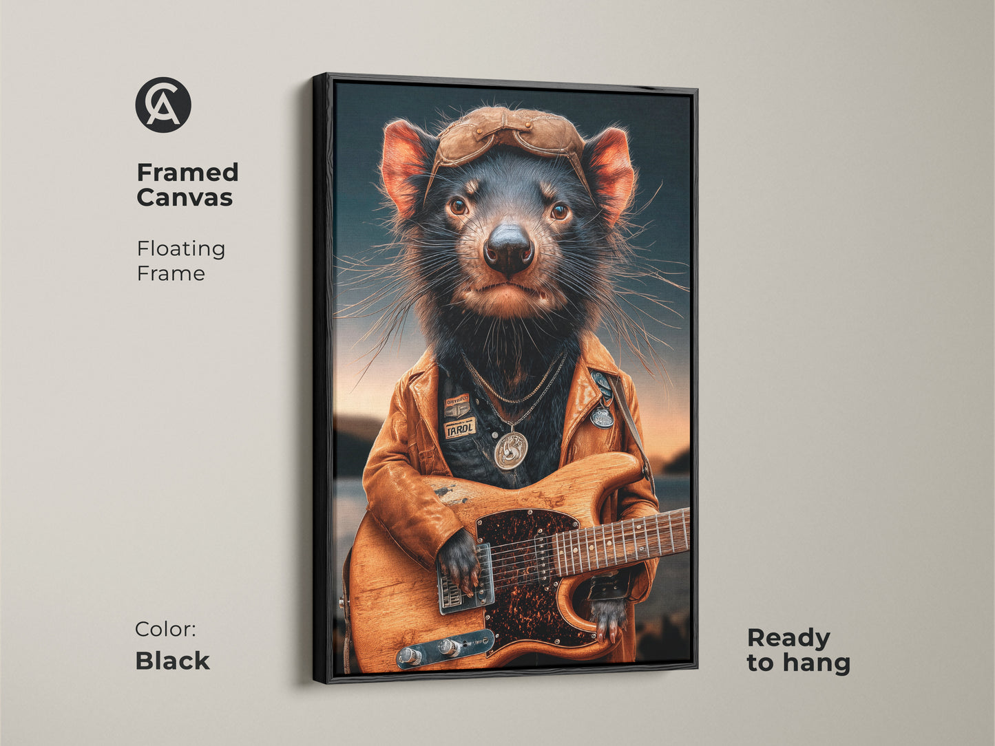 Framed canvas featuring a cool Tasmanian devil guitarist. Black floating frame enhances this eclectic animal art. Ready to hang in your home or office. This rockstar animal is a unique musical artwork.