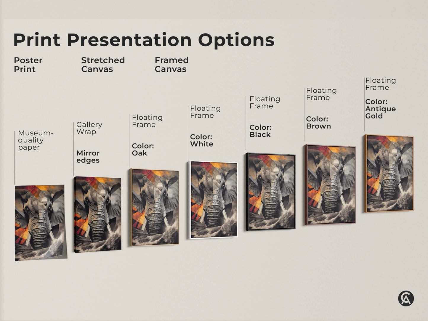 Various print presentation options for abstract elephant canvas artwork. Options include poster print stretched canvas and framed canvas. Each style highlights the modern collage wall art featuring geometric animal prints. Perfect for any decor from study room to office.
