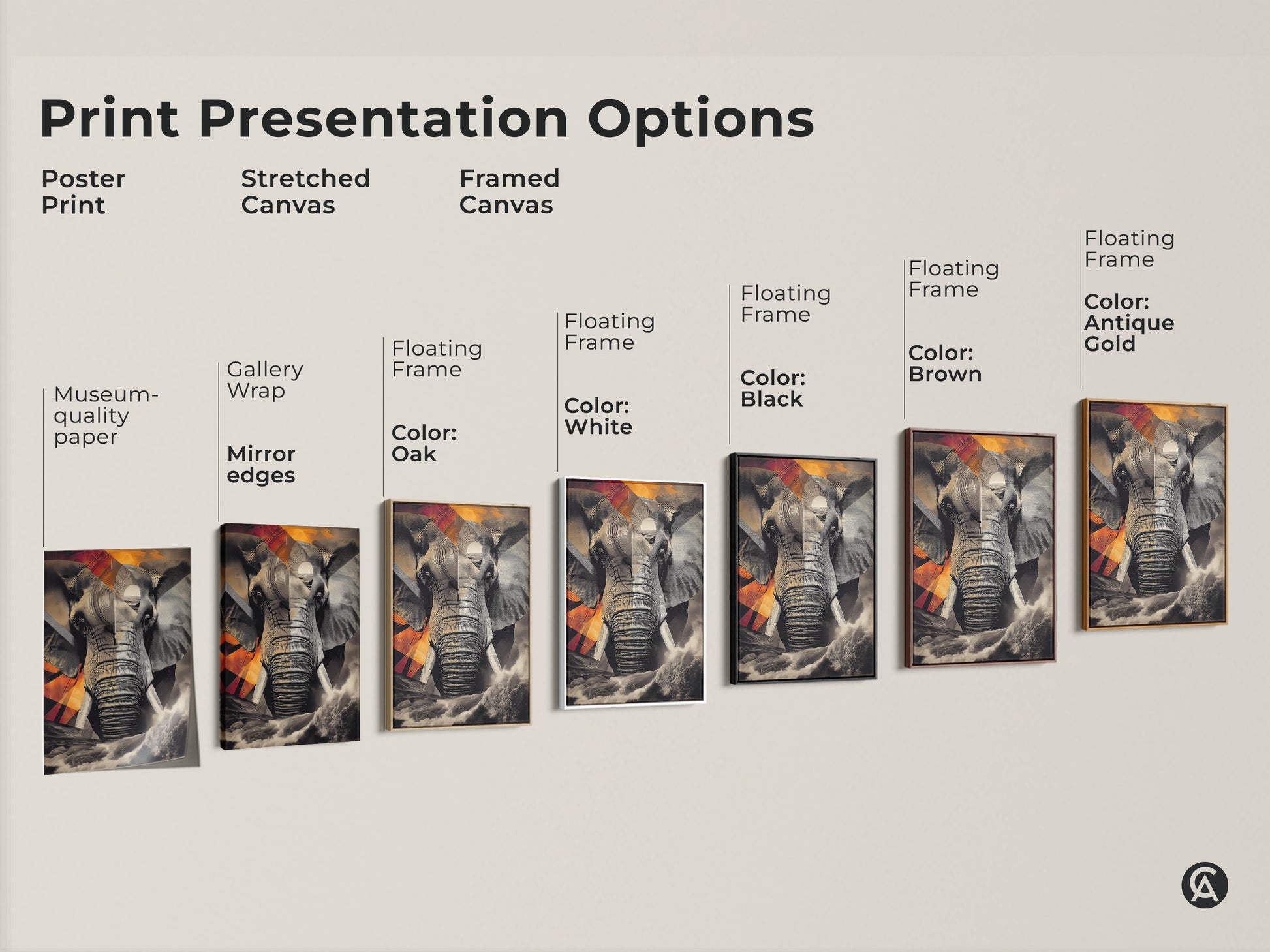 Various print presentation options for abstract elephant canvas artwork. Options include poster print stretched canvas and framed canvas. Each style highlights the modern collage wall art featuring geometric animal prints. Perfect for any decor from study room to office.