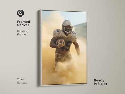 A football player in motion is showcased in this framed canvas art. The white floating frame offers a clean modern look. Ready to hang this sports action wall art brings energy to any space. Ideal for living rooms and offices.