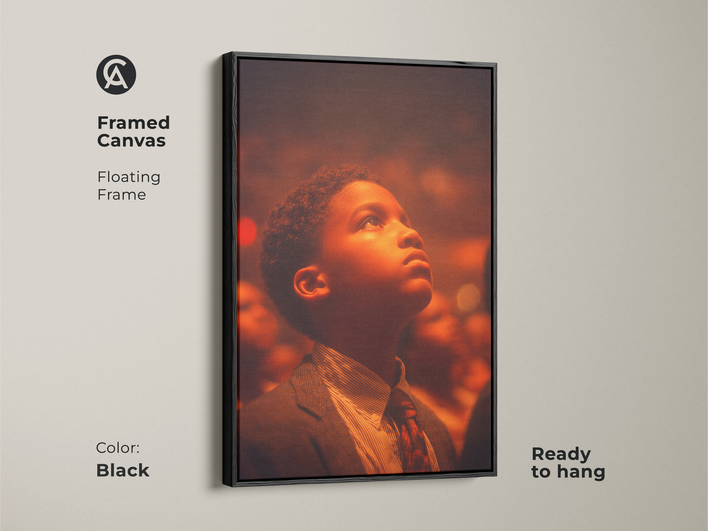 Framed canvas art with a floating frame in black. The artwork features a young boy looking up. The art is ready to hang. The neutral background highlights the subject.