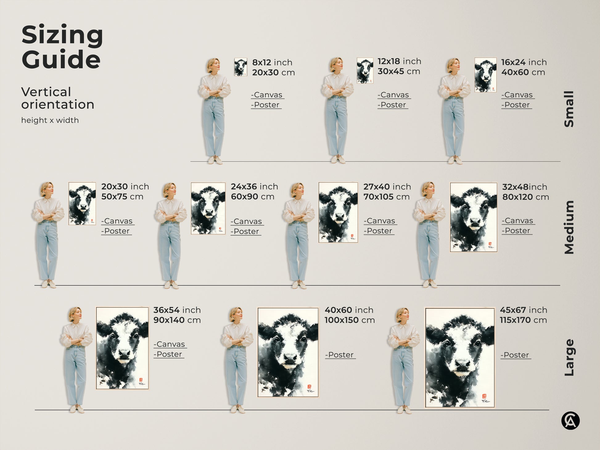 Sizing guide for cow art prints. Vertical orientation options for canvas and posters. Find the perfect fit. From small 8x12 to large 45x67 inch prints. Decorate your space with the ideal art piece.