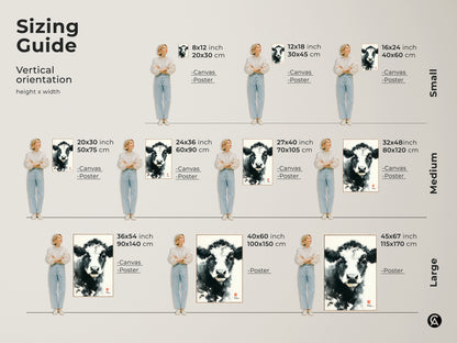 Sizing guide for cow art prints. Vertical orientation options for canvas and posters. Find the perfect fit. From small 8x12 to large 45x67 inch prints. Decorate your space with the ideal art piece.