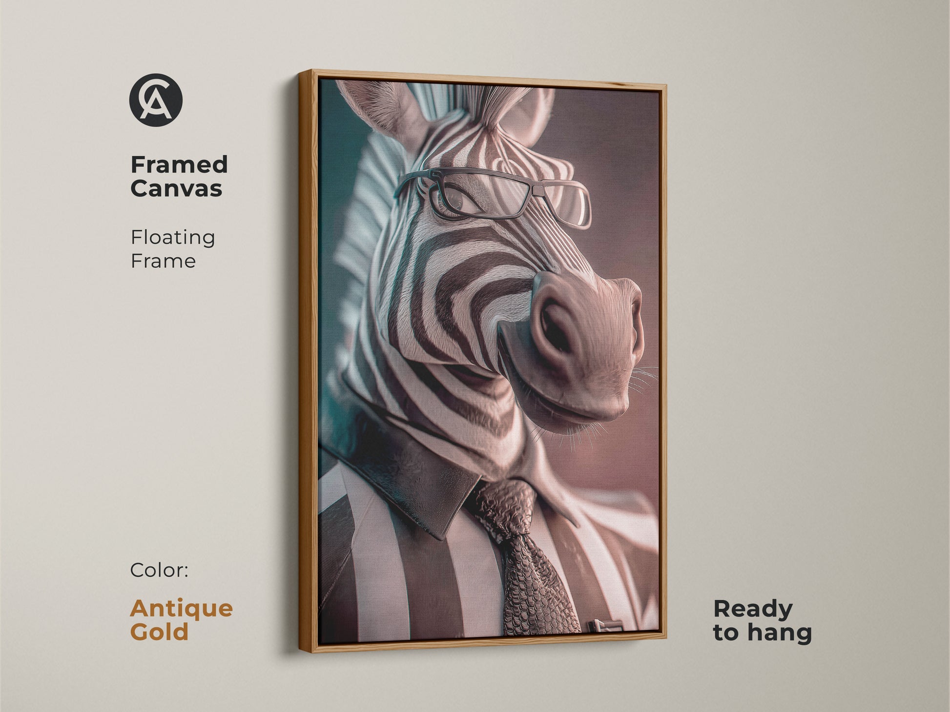 Antique gold framed canvas of zebra art. Floating frame ready-to-hang art for your office. It is a sophisticated monochrome animal portrait. It adds a contemporary touch to your decor. It is perfect as cool animal art.