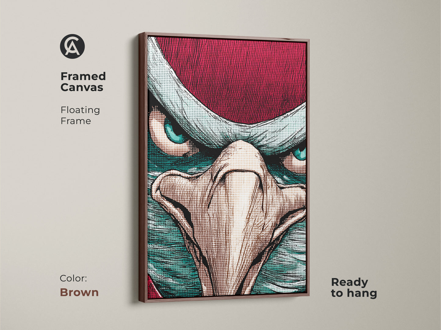 This framed eagle canvas is ready to hang. The crimson teal bird art features a floating brown frame. The pop art artwork is a close-up. The bold comic style makes it a unique animal print. This office animal artwork is eclectic.