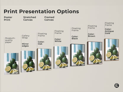 Explore print presentation options for green lime still life artwork. Choose from poster print stretched canvas or framed canvas. Each option enhances this modern minimalist kitchen decor.
