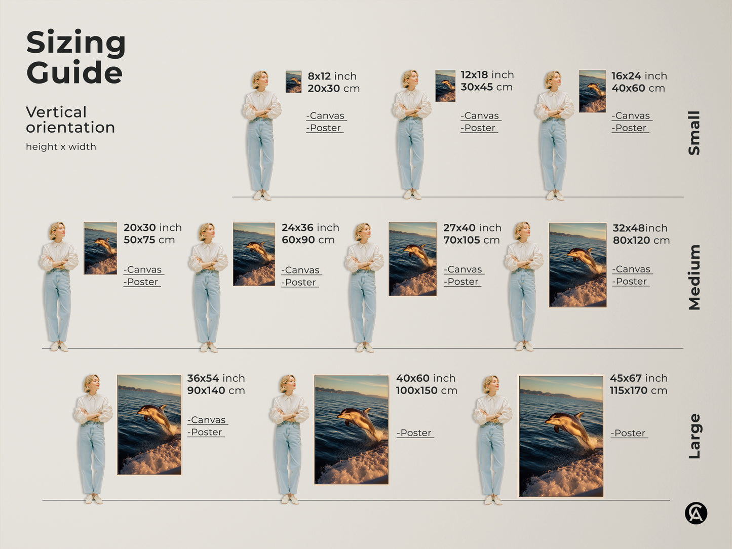 Sizing guide for vertical coastal ocean canvas prints. Available in small medium and large sizes. Visualize the perfect fit for your space with our dolphin leaping canvas art. Find the ideal size for your bedroom or living room wall decor.