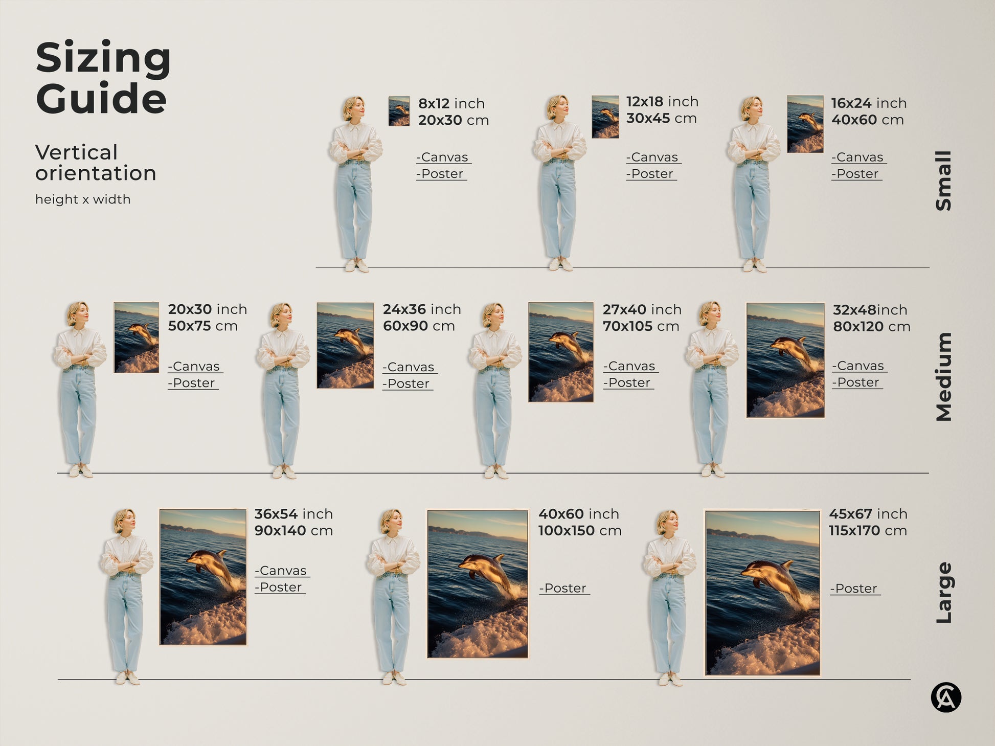 Sizing guide for vertical coastal ocean canvas prints. Available in small medium and large sizes. Visualize the perfect fit for your space with our dolphin leaping canvas art. Find the ideal size for your bedroom or living room wall decor.
