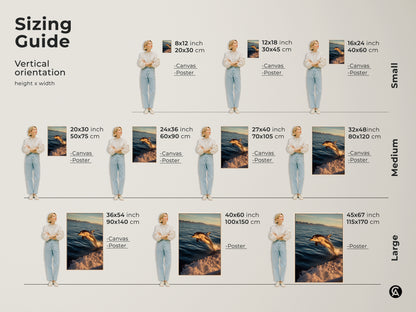 Sizing guide for vertical coastal ocean canvas prints. Available in small medium and large sizes. Visualize the perfect fit for your space with our dolphin leaping canvas art. Find the ideal size for your bedroom or living room wall decor.