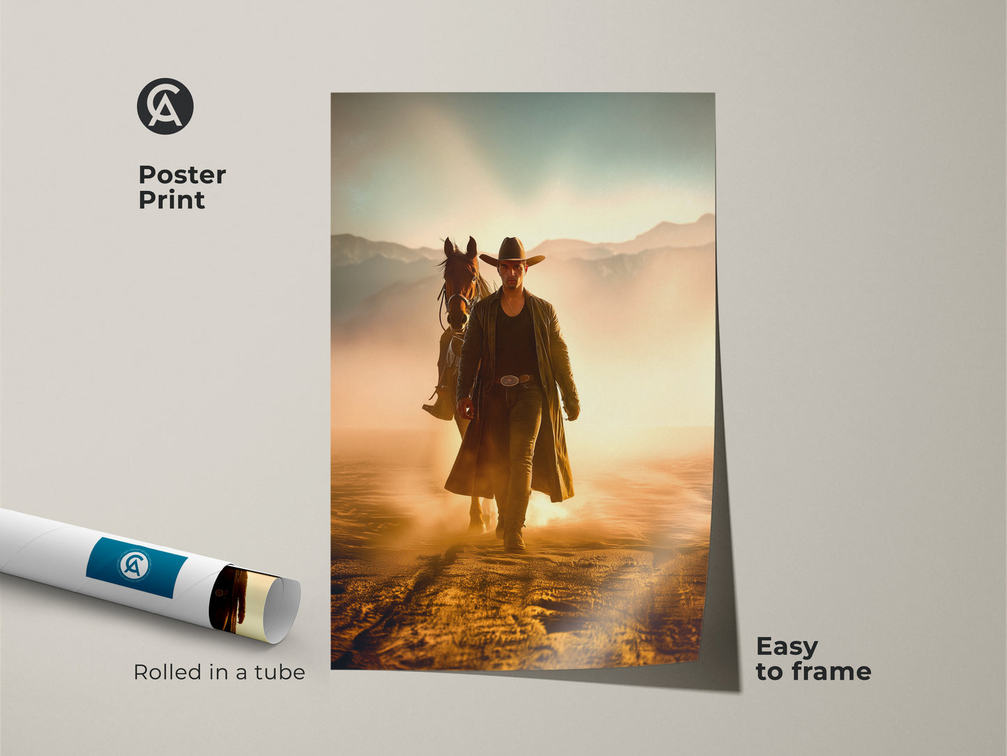 Poster print featuring a cowboy and horse in a Western landscape. This rolled art is easy to frame and adds rustic charm to any room. Showcasing golden yellow and dusty orange tones it captures the spirit of the West. Perfect for study room wall decor.