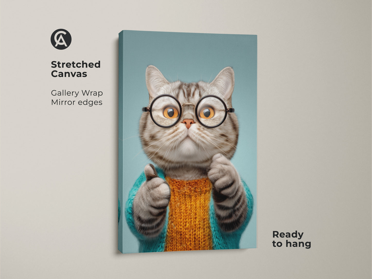Stretched canvas of a funny cat art print. This gallery wrap features a quirky cat wearing glasses and a teal sweater. This eclectic animal wall art is ready to hang. It makes a great cat mom birthday gift. The teal and orange cat artwork adds a unique touch to any space.