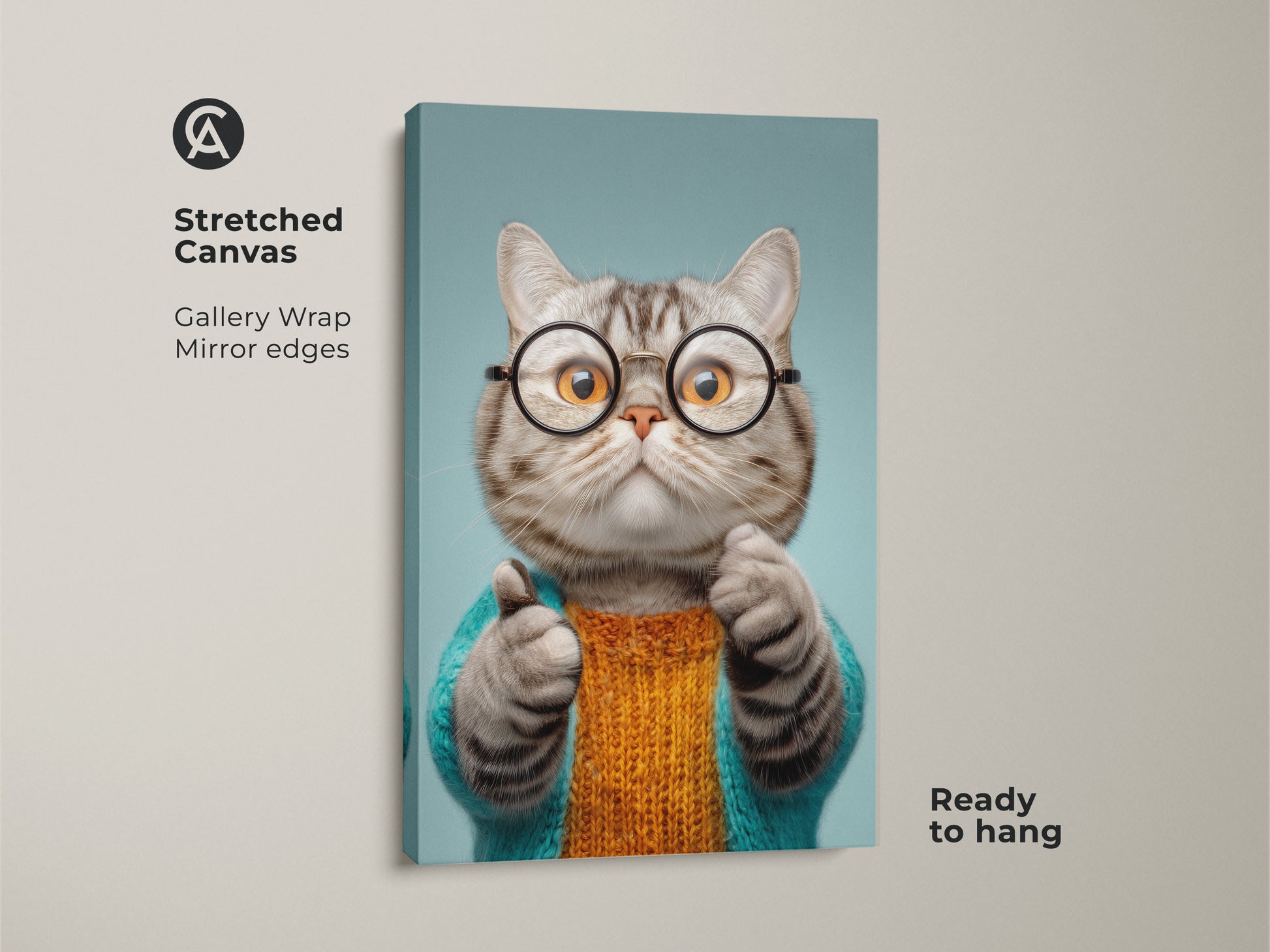 Stretched canvas of a funny cat art print. This gallery wrap features a quirky cat wearing glasses and a teal sweater. This eclectic animal wall art is ready to hang. It makes a great cat mom birthday gift. The teal and orange cat artwork adds a unique touch to any space.