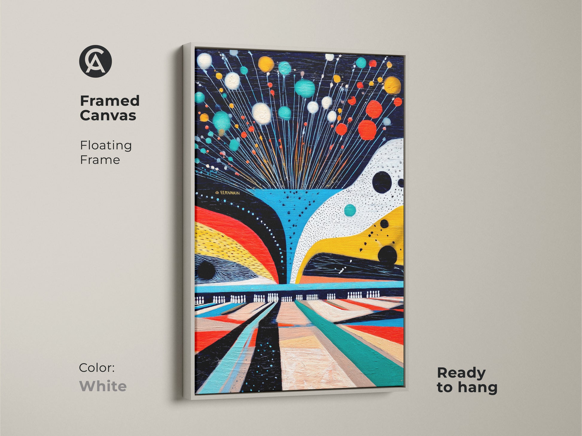 Framed canvas with floating frame in white. Displaying abstract bowling artwork. Geometric sport theme with teal red and yellow accents. This ready to hang modern abstract painting is a colorful addition to any room.