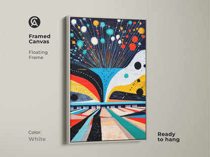 Framed canvas with floating frame in white. Displaying abstract bowling artwork. Geometric sport theme with teal red and yellow accents. This ready to hang modern abstract painting is a colorful addition to any room.